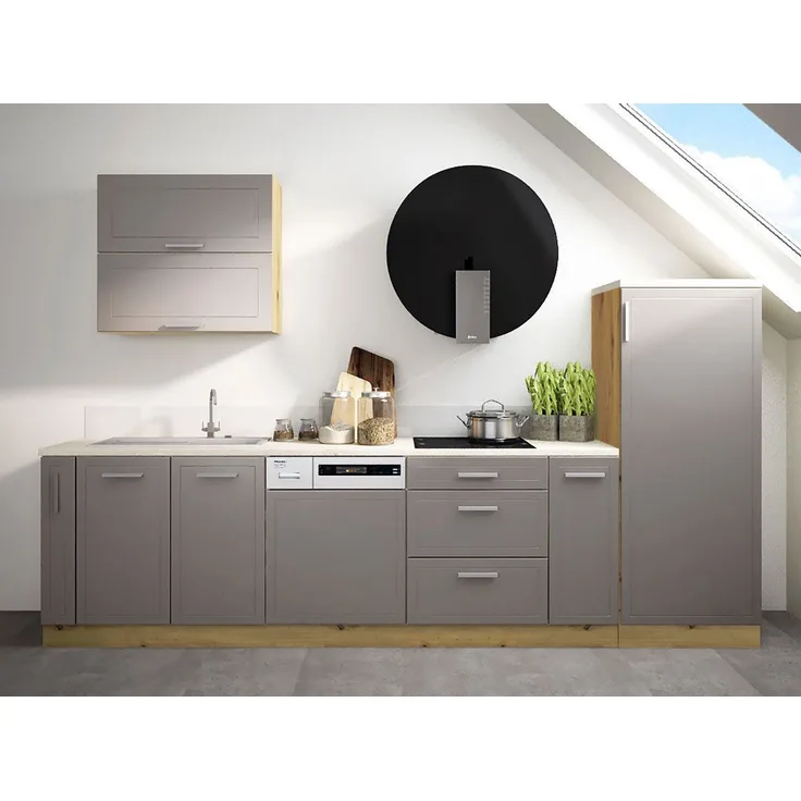 Küchenzeile KVANTUM Mansardenküche 305cm Teilauszug Eiche Artisan beige