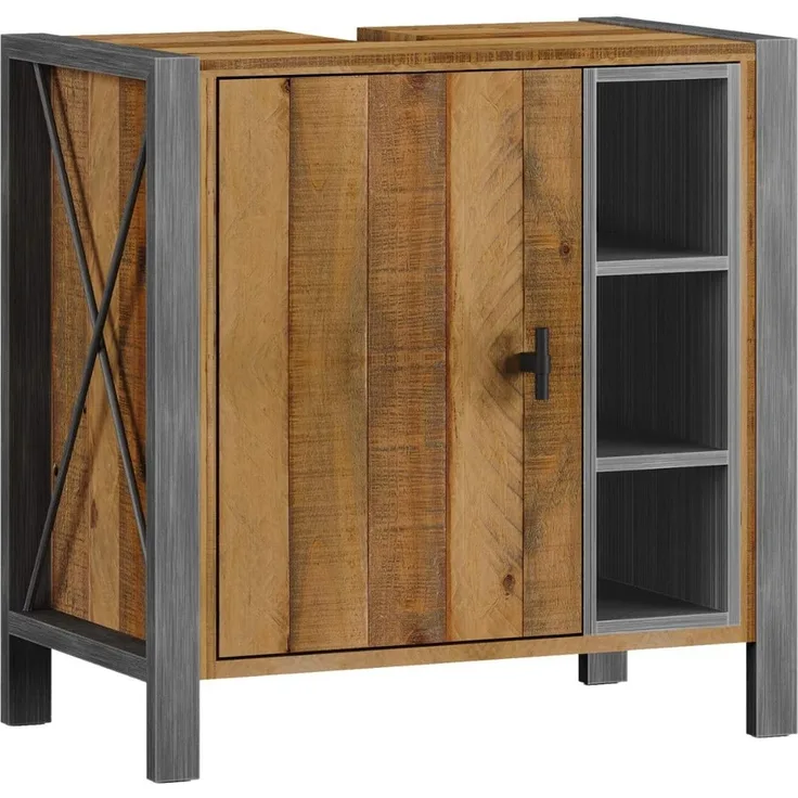 Waschbeckenunterschrank Detroit: Rustikales Pinienholz & Metall, 60x60x35cm, Braun, Urbaner Charme mit praktischem Design und Bodenfreiheit, aufgebaut geliefert