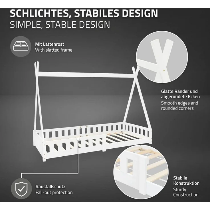 ML-DESIGN Spielbett Hausbett Tipi Zeltbett inkl. Lattenrost Bodenbett Kinder Himmelbett, Abenteuerbett mit Rausfallschutz Zelt Bett Kiefer Weiß Kinderhaus – Bild 4