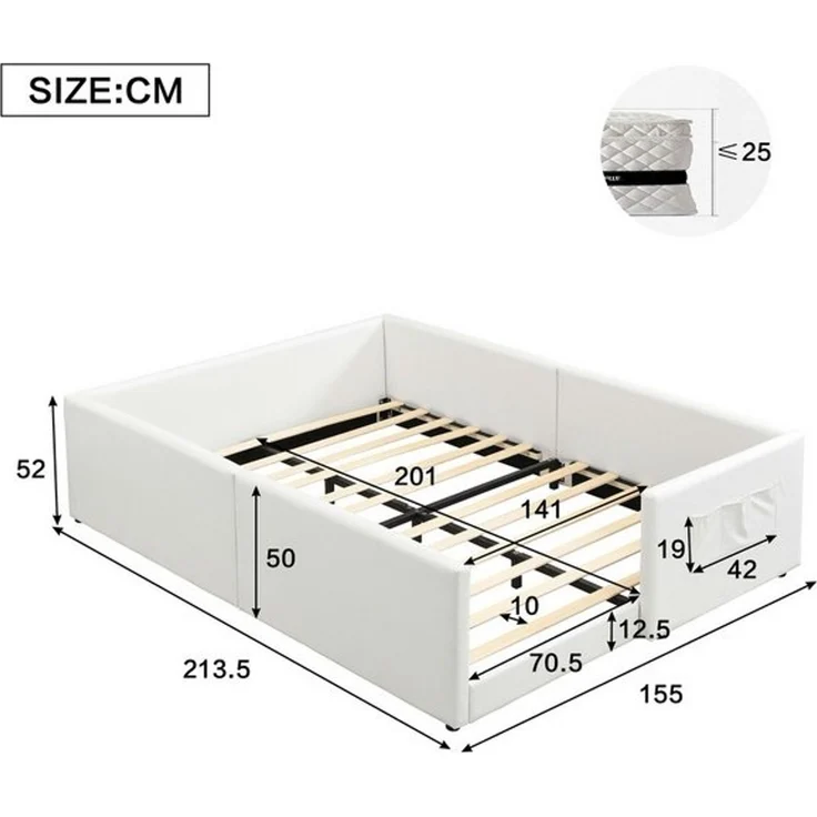 MODFU Polsterbett mit 3 praktischen Stautaschen, Kinderbett (modern-minimalistisches umrandetes Design, Jugendbett 140x200cm), Inklusive Matratze – Bild 4