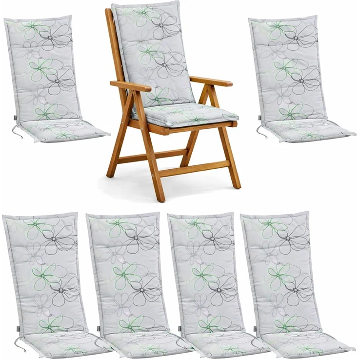 BURI 6x Auflagen Set Hochlehner für Gartenstühle 120x48x7cm Sesselauflagen Polster UV Lichtecht - Gartenstuhlauflagen Blumen Muster Stuhlkissen mit Dicker Schaumstoff Füllung (Grau) – Bild 1