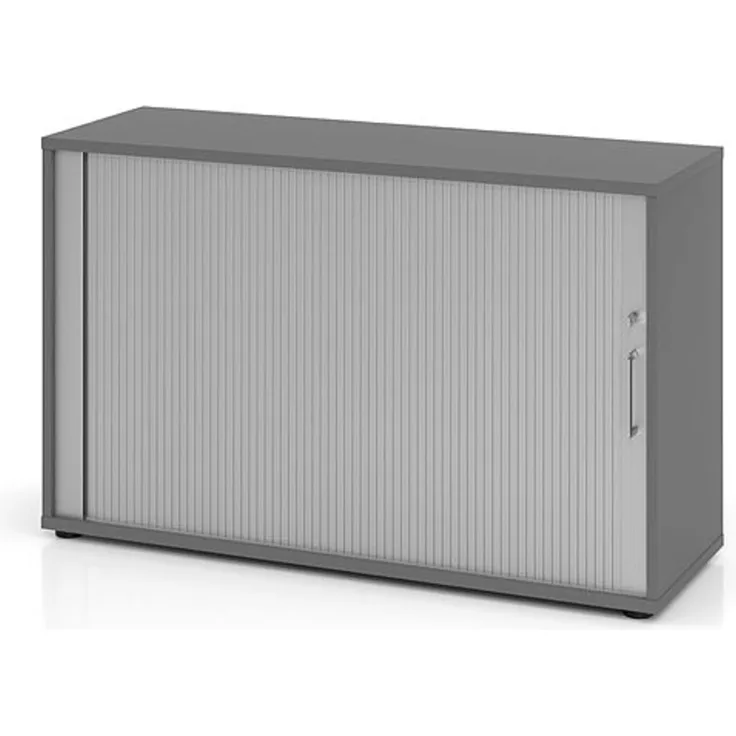 Hammerbacher Rollladenschrank, horizontal, 2 Ordnerhöhen, 120 x 40 x 74,8 cm, Buche/Silber, Relinggriff