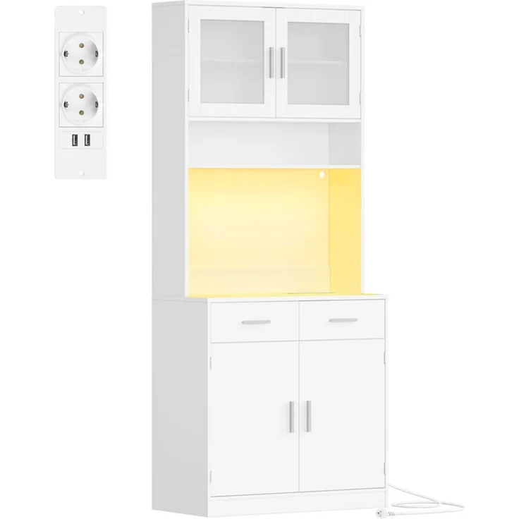 Buffetschrank, Küchenschrank mit 2 Schubladen, Hochschrank mit Steckdosenleiste und LED-Beleuchtung, 2 Schranktüren mit Glasfront, Küche, Wohnzimmer, 40 x 80 x 190 cm, Weiß – Bild 2