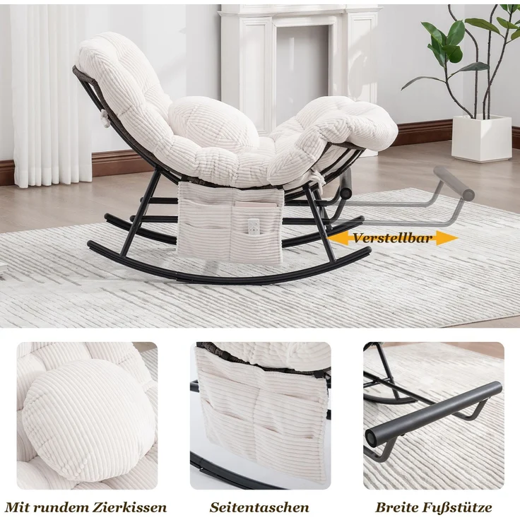 LVHOM Schaukelstuhl mit ausziehbarer Fußstütze, Rattanstuhl mit Stahlrahmen, Schaukelsessel mit gepolstertem Kissen und Seitentasche, Lounge Sessel, 1 St, Beige – Bild 4