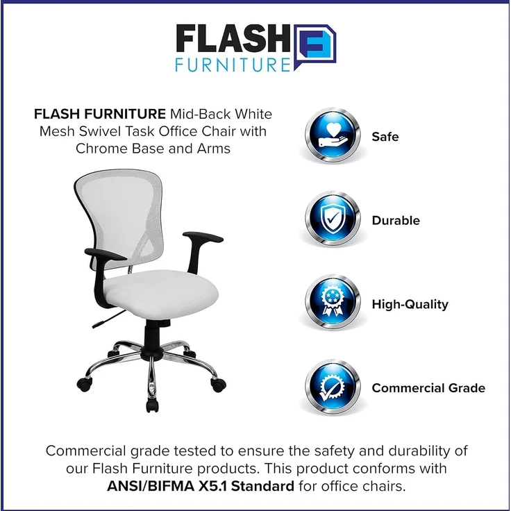 Flash Furniture Alfred Bürostuhl mit mittlerer Rückenlehne, Netzstoff, Drehstuhl mit Chromfuß und Armlehnen, Weiß – Bild 12