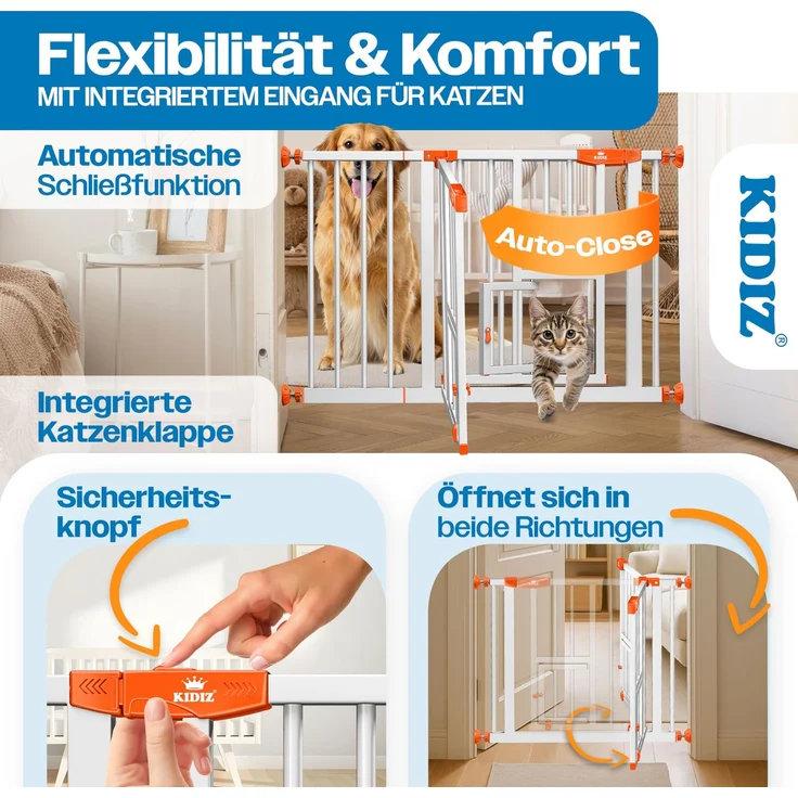 KIDIZ® Absperrgitter zum Klemmen mit Katzenklappe, Türschutzgitter, Autoclose Kinder Treppengitter ohne Bohren | 90° Stopp Schutz, schwenkbar, Treppenschutzgitter Orange, 74 - 80 cm – Bild 4