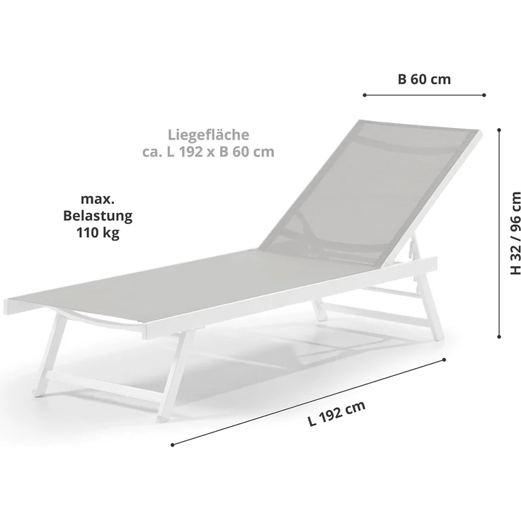 LECO Sonnenliege ELINA, Füße klappbar, 5-fach verstellbare Rückenlehne, Aluminiumgestell weiß, Kunststoffgewebe lichtgrau, 192x60x96 cm – Bild 3