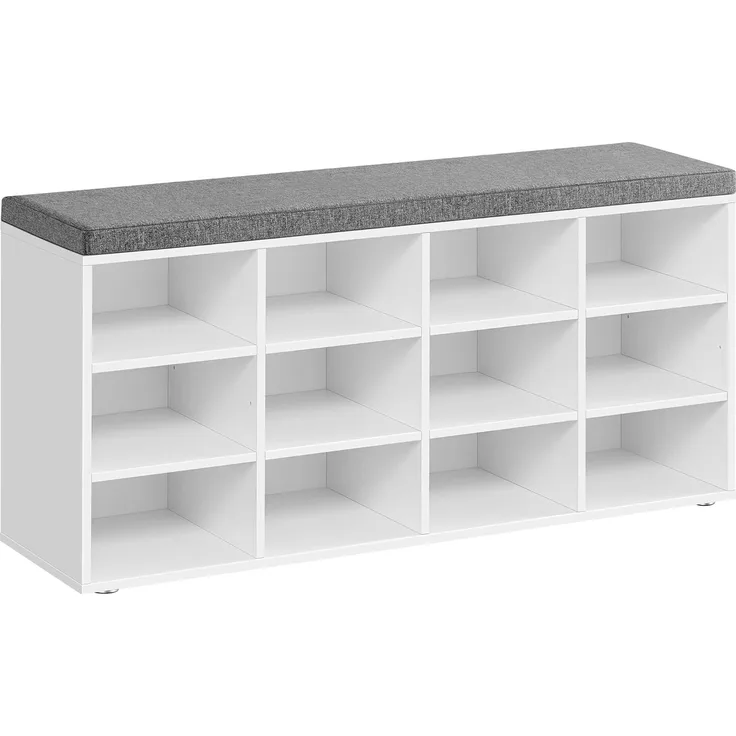 VASAGLE Schuhregal mit Sitzfläche und mit Kissen, Holzspanplatte / Schaumstoff weiß, 104 x 30,3 x 48 cm