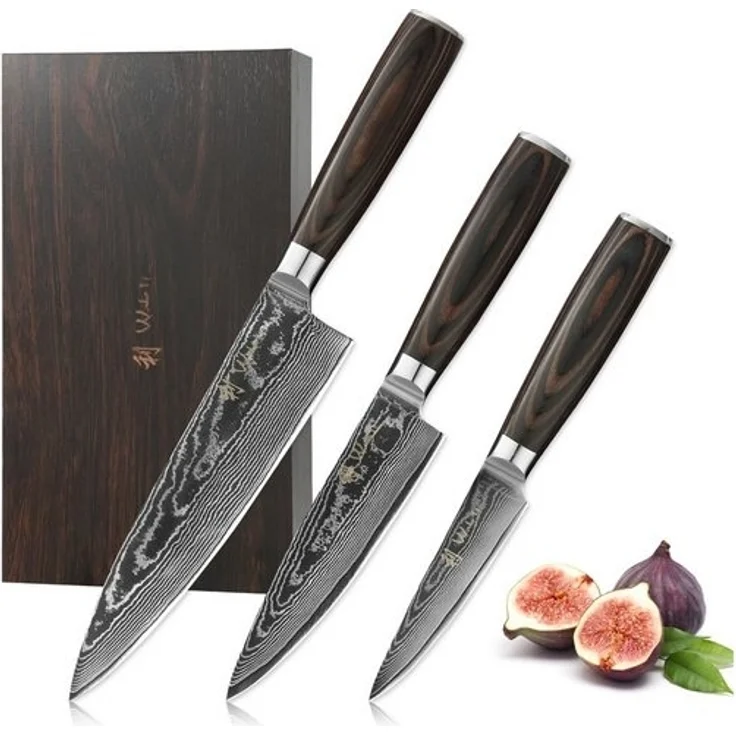 Wakoli Messer-Set EDIB Essentials 3er Damastmesser-Set Küchenmesser Kochmesser (Damastmesser mit Geschenkbox, 3-tlg, 3er Chefmesser-Set), VG10 Kern, 67 Lagen Damaststahl, Pakkaholzgriff, inkl. Geschenkbox – Bild 4