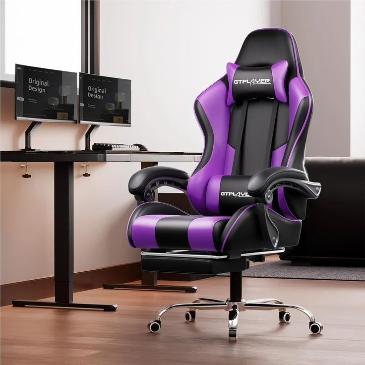 GTPLAYER Bürostuhl Gaming Stuhl Massage Gaming Sessel Ergonomischer Gamer Stuhl mit Fußstütze, Gepolstert Gaming Chair, Drehsessel 150KG, lila – Bild 6