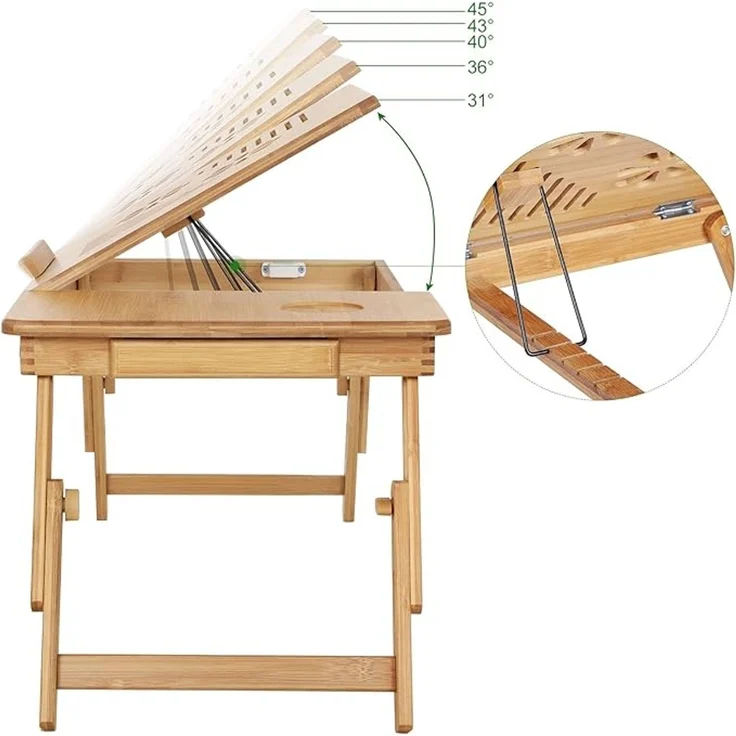 SONGMICS Laptoptisch für Bett, Laptopständer, Frühstückstablett, klappbare Beine, Bambus, höhenverstellbar, mit Schublade, 55 x 35 cm, für Laptops bis 15,6 Zoll, naturbeige – Bild 2