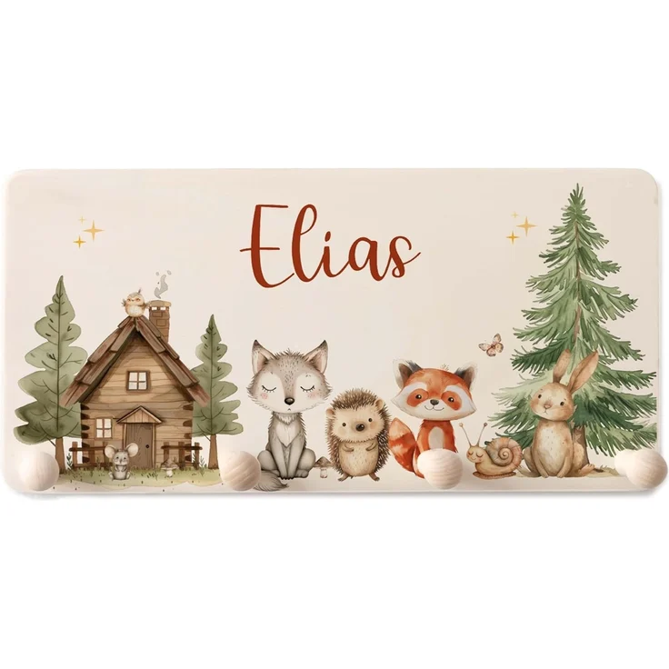 Kidsmood Kindergarderobe Personalisiert mit Namen, Kinderzimmer Möbel aus robustem Holz, Garderobenleiste Kinder, Baby Garderobe für Babyzimmer mit 4 Kleiderhaken Wand-Montage [40 x 20 x 1,5 cm] – Bild 1