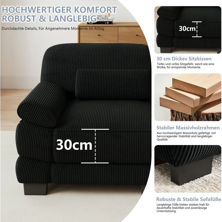 Modulares Sofa 336x161x94 cm in Schwarz mit Cordbezug, flexibler L- oder U-Form – Bild 6
