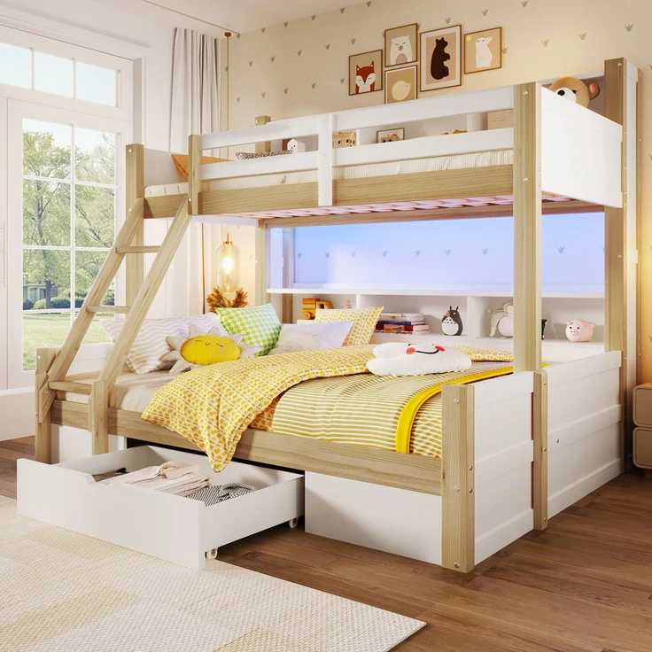 Etagenbett mit 2 Liegeflächen, LED-Beleuchtung, Schubladen, Regal, Rausfallschutz, Lattenrost, 90x200cm/140x200cm, Kinderbett, Massivholz – Bild 1