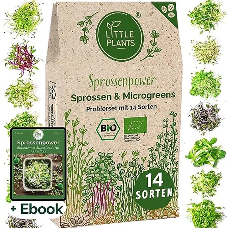 Sprossen Samen Microgreens Starter Set BIO - 14 Sorten BIO Sprossen zum selber züchten Microgreens Samen und Keimsprossen Keimsaat - Probierset für Sprossenglas & Kressesieb (inkl. Ebook) – Bild 2