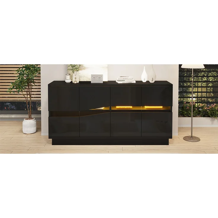 ZUBALIYA Sideboard 140x35x70 cm, mit LED-Beleuchtung, Hochglanz, mit 4 Türen, aus Spanplatte, Schwarz – Bild 23