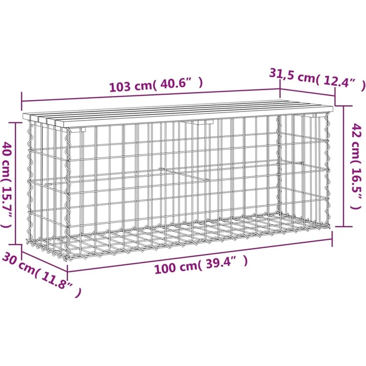 vidaXL Gartenbank aus Gabionen 103x31,5x42 cm Kiefernholz Imprägniert 834352 – Bild 7