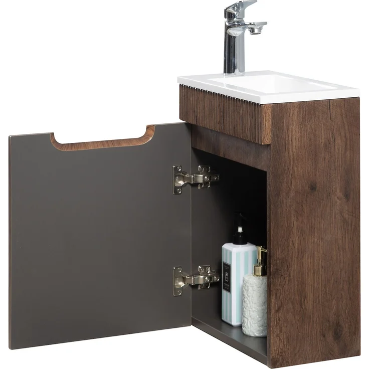 Badplaats Gäste-WC Waschtisch Set Thermis 40x22 cm Walnuss Braun - Badmöbel Set mit Waschbecken und Unterschrank, Vormontiert und mit Soft-Close – Bild 4
