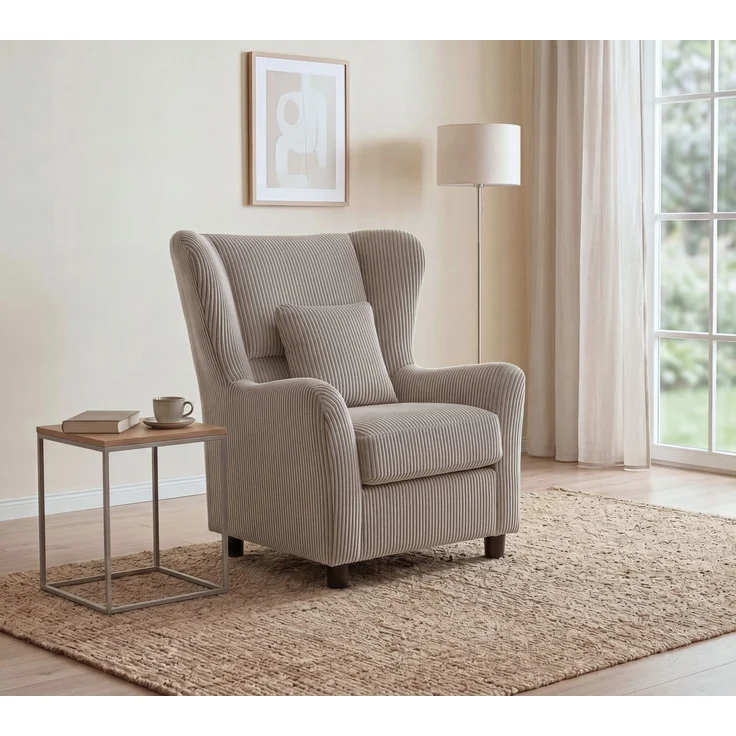 Ohrensessel mit Hocker, Taschenfederkern, Landhausstil Lesesessel, Cord in Taupe – Bild 3