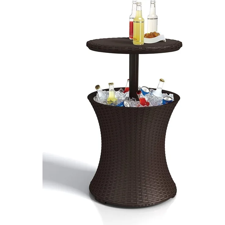 Keter Pacific Cool Bar, 3-in-1 Cocktailtisch, Couchtisch und Outdoor Eiskühler in Rattanoptik, UV-geschützt und wetterfest, braun, Kühlbox 30l Volumen