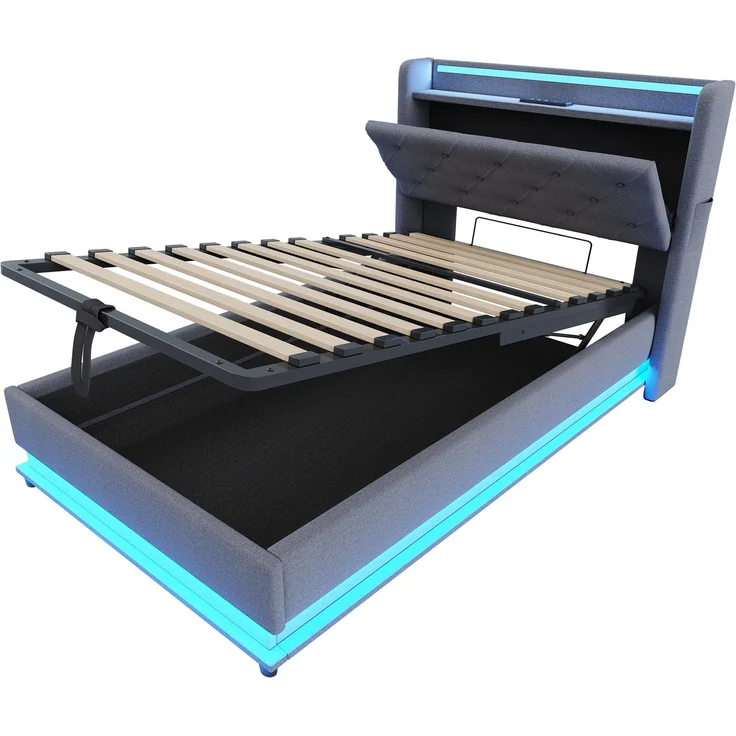 Merax Kinderbett Polsterbett 90*200cm, Mit farbwechselnden Lichtern und USB-Steckdose, Kopfteil aufklappbar, Mit Hydraulischem Stauraum, Mit Handytasche, Multifunktionales Einzelbett, Leinenstoff Grau – Bild 8