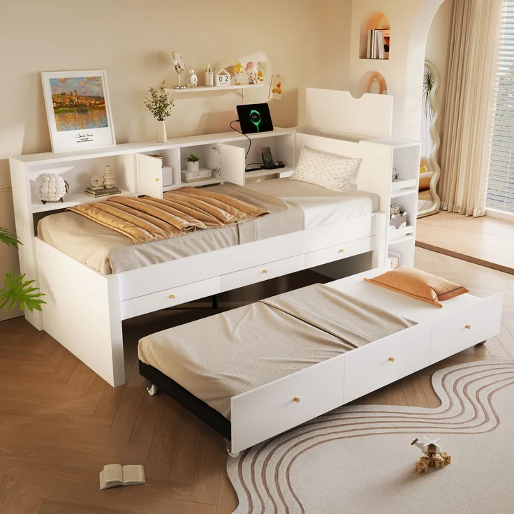 Ausziehbett mit Liegefläche 90×200 cm, Gästebett und 3 Schubladen, Weiß, ohne Matratze – Bild 1