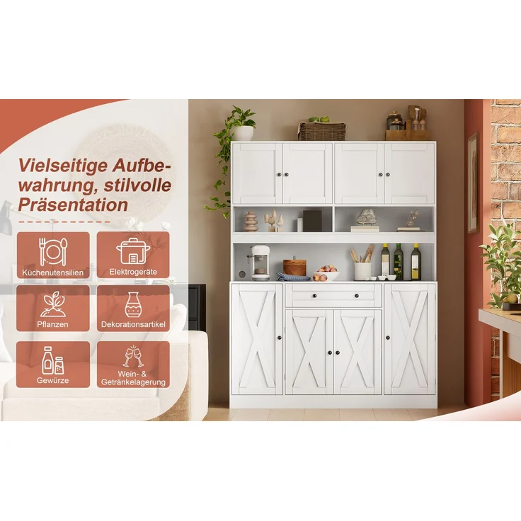 ZUBALIYA Buffetschrank 140x40x185 cm, mit verstellbaren Einlegeböden, aus MDF, Weiß – Bild 22