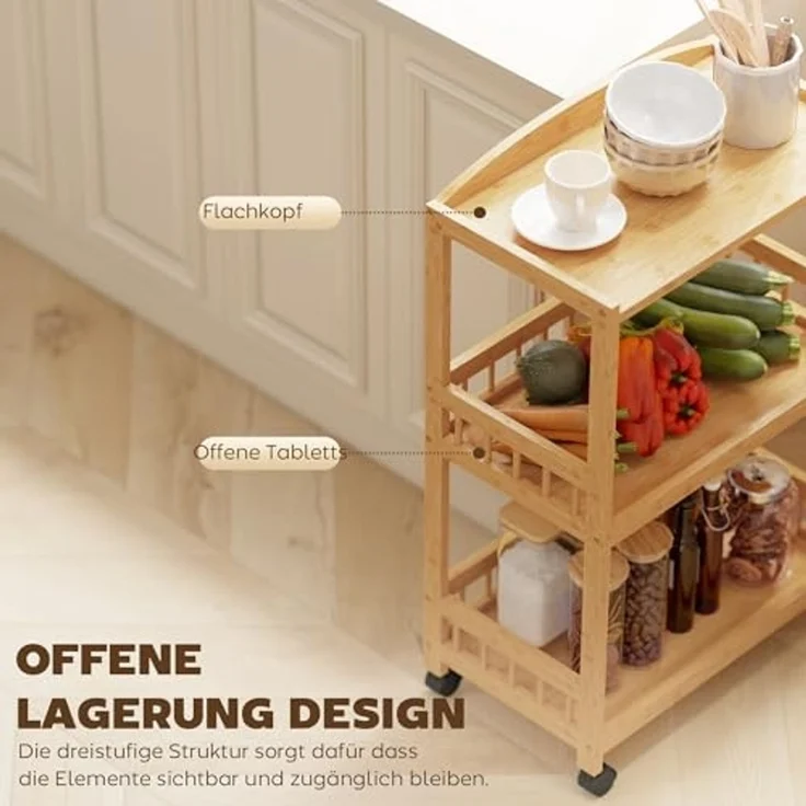 HOMCOM Küchenwagen Küchenrollwagen Allzweckwagen mit 3 Ebenen Stauraum, (Servierwagen, 1 St, Rollwagen), für Küche Bad Büro Wohnzimmer Naturholz – Bild 3
