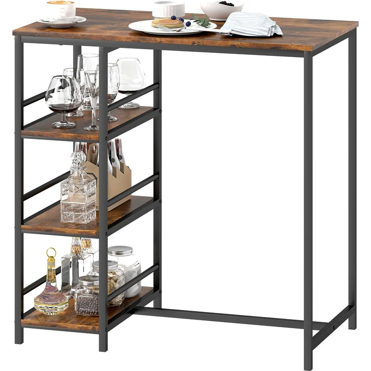 MELAYR, Hoher Bartisch mit 3 Ablageflächen und Stahlgestell, 90 x 50 x 90,5 cm, Rustikales Braun, Schwarz – Bild 2