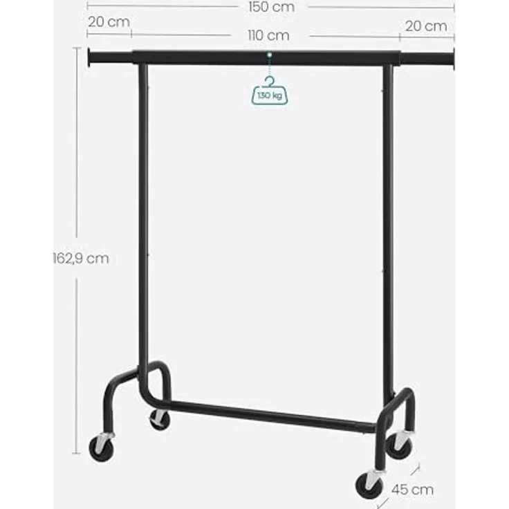 SONGMICS Kleiderständer auf Rollen, Garderobenständer, hochbelastbar, ausziehbare Kleiderstange, bis 130 kg belastbar, 45 x (110-150) x 162,9 cm, aus Metall, verchromt, Mattschwarz HSR011B01 – Bild 6