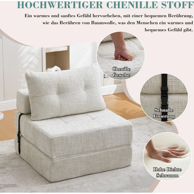Klappsofa Bett mit Kopf- & Lendenkissen, multifunktionales Schlafsofa, 2-in-1 Faltsofa mit hochdichtem Schaumstoff,Beige – Bild 7