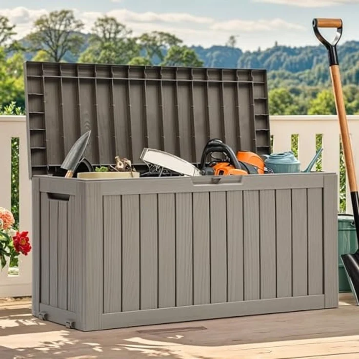YITAHOME Outdoor-Aufbewahrungsbox mit Rollen, 270L Kunststoff-Gartenbox, Wetterfeste Aufbewahrungskiste für Kissen, Werkzeug & Poolzubehör, Abschließbar, Holzoptik, 114,7 x 46,5 x 57,6 cm, Hellbraun – Bild 2