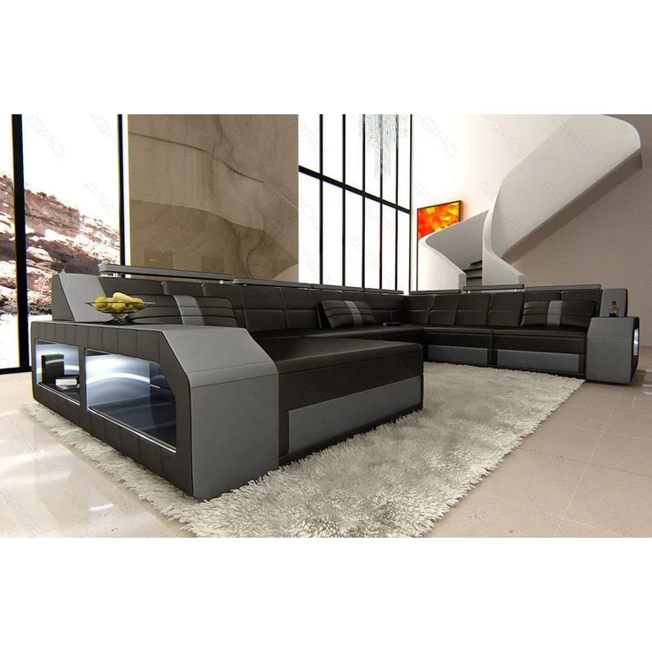 XXL Leder Wohnlandschaft Matera - Ledermix - schwarz-grau - Links – Bild 3