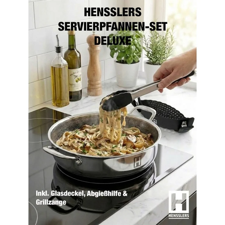 HENSSLERS Servierpfanne Premium, Pfanne Glasdeckel, inkl. Abgießhilfe & Grillzange - 4tlg, Edelstahl 18/10 (Set, 4-tlg) – Bild 1