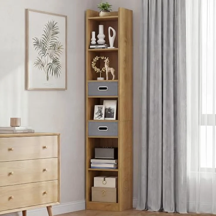 YITAHOME Hohes, schmales Bücherregal, schlankes Eckregal mit 5 Ebenen und 2 Stoffschubladen, freistehendes Regal für Wohnzimmer, Schlafzimmer, Büro, Eichenfarbe, 30 B × 24 T × 180 H cm – Bild 4