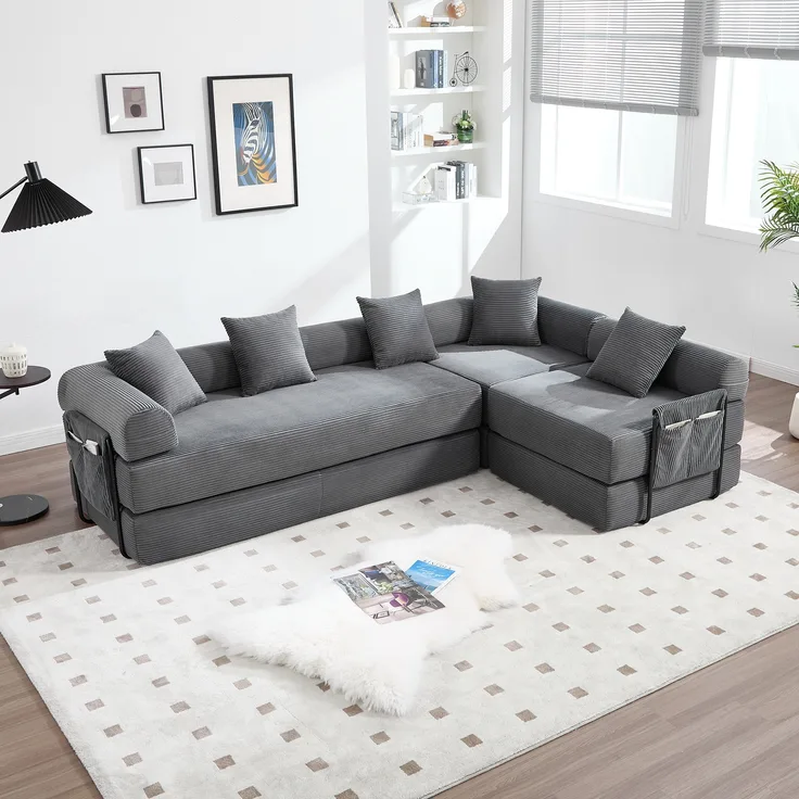 Familiensofa, mit Stauraum & modularer Funktion vakuumverpackt für mühelose Montage frei kombinierbare Module haustierfreundlich, Dunkelgrau,