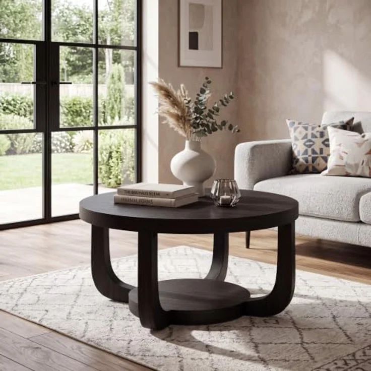 LITTLE TREE Runder Couchtisch 80 cm, 2-stöckiger Wohnzimmertisch mit Ablage | Landhausstil Kaffeetisch, Holz‑Optik Tisch für Wohnzimmer, Schlafzimmer und Lounge, Schwarz – Bild 7