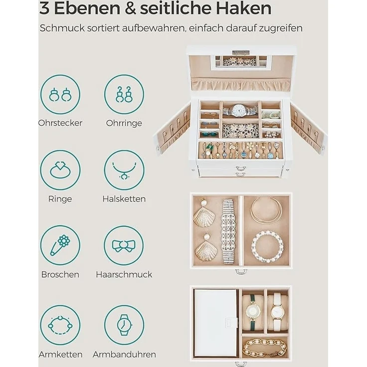 Songmics Schmuckkästchen mit 2 Schubladen und tragbarer Mini-Box für Reisen, abschließbar, MDF weiß, 17 x 18 x 26 cm – Bild 2