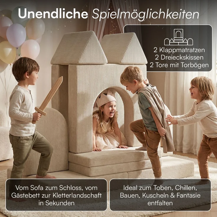 Bellabino 'Nile' Spielsofa mit Toren, 8-tlg, Cord, beige, faltbare Kindercouch, abnehmbarer & waschbarer Bezug, Kindersofa aus Schaumstoff, Oeko-Tex zertifiziert – Bild 3