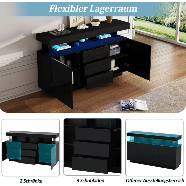 DESVIAE Sideboard mit LED-Beleuchtung und 3 Schubladen 140x80x35 cm Spanplatte/Acryl Schwarz – Bild 5