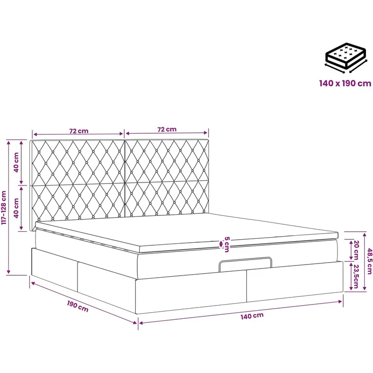 vidaXL Ottoman Bett mit Matratze Schwarz 140 x 190 cm Samt 3457649 – Bild 12