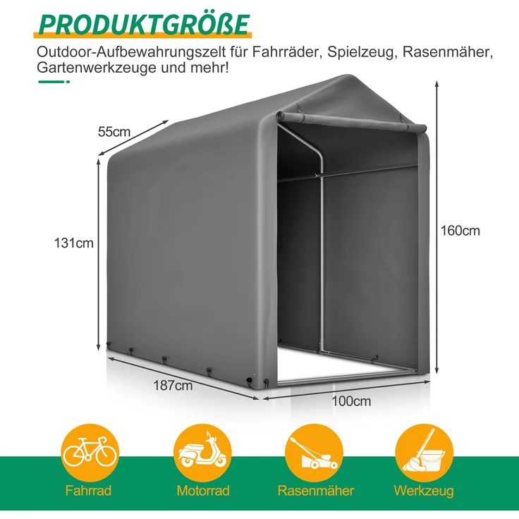 LVHOM Fahrradgarage & Gerätezelt, Wasserdichtes Garagenzelt aus 170g PE, Gerätehaus inkl. Fundamentrahmen, Lagerzelt für Garten & Werkzeug, 187x100x160cm – Bild 7
