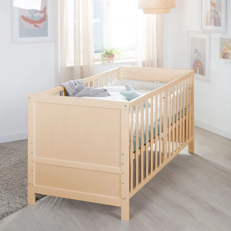 roba Babybett EASY SLEEP 70 x 140 cm inkl. Umbauecken + Matratze safe asleep® Roll Air - Mitwachsendes Gitterbett 3-fach höhenverstellbar - 3 Schlupfsprossen - Holz natur – Bild 2