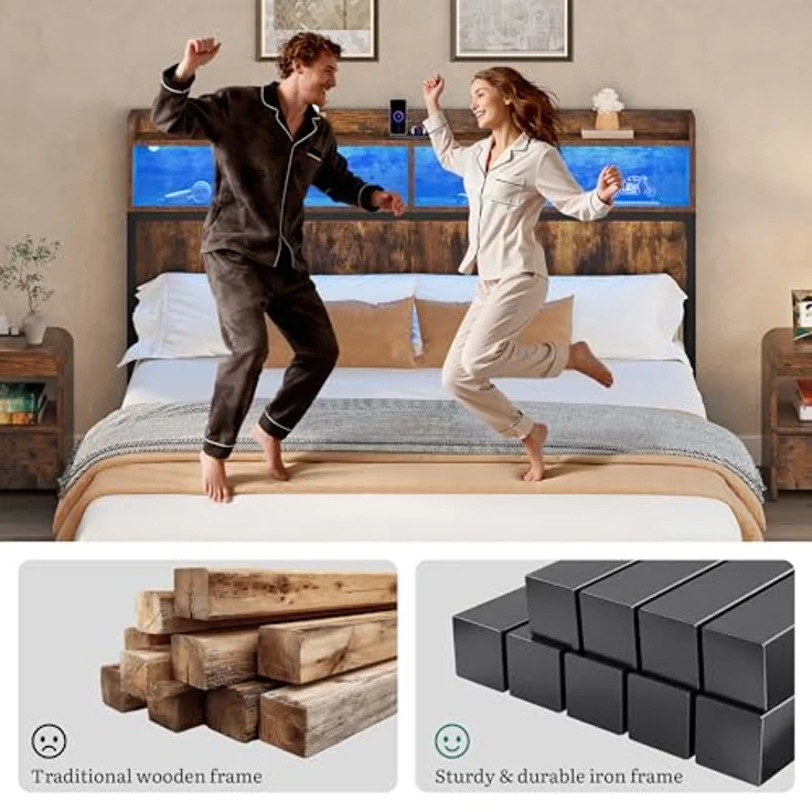 YITAHOME Bettgestell LED mit Kopfteil USB-Anschlüsse und Ladeausgänge Metallplattform-Bettgestell mit 2 Regalböden,Keine Matratze erforderlich,Braun 200X180CM – Bild 6