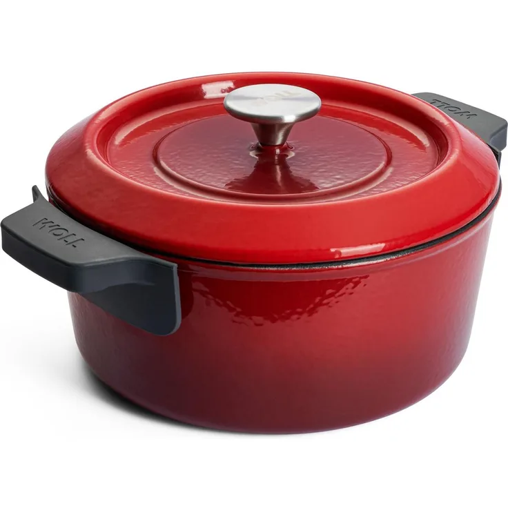 WOLL Iron Gusseisentopf rund Ø 24 cm 4,2 L – rote Emaillierung mit Tropfdeckel – alle Herdarten inkl. Induktion bis 250 °C spülmaschinenfest