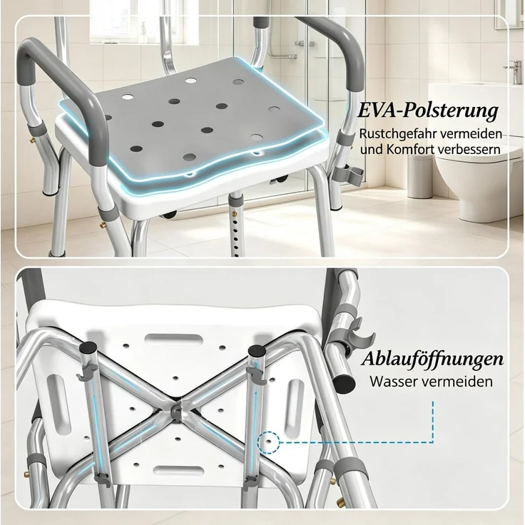 DESVIAE Sessel Duschstuhl Grau aus Aluminium/HDPE – 56,5x74–87x53,5 cm – höhenverstellbar, Rückenlehne – Bild 5