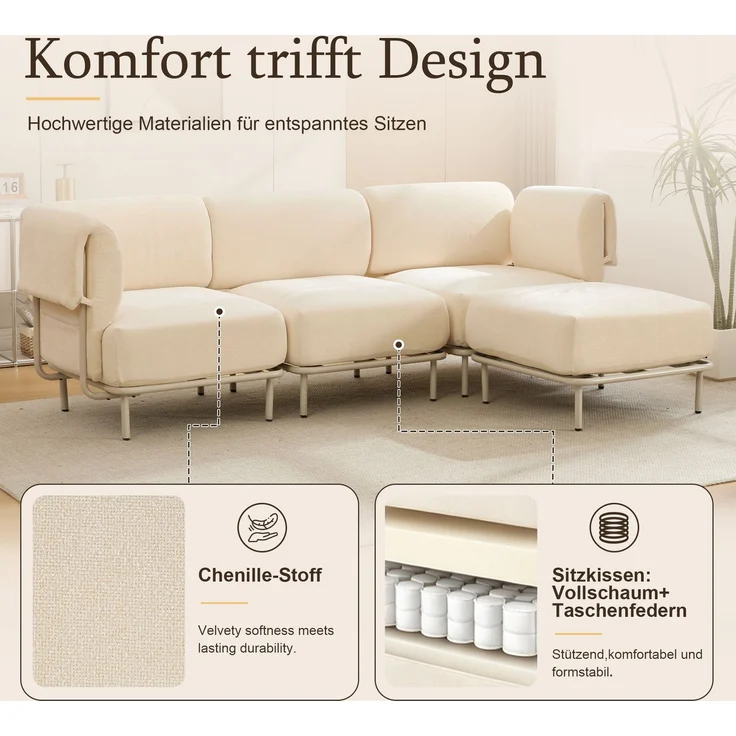 Modulares 3-Sitzer-Sofa mit Hocker, B 251 x T 155 x H 78 cm, beiger Chenille, flexibel kombinierbar – Bild 7