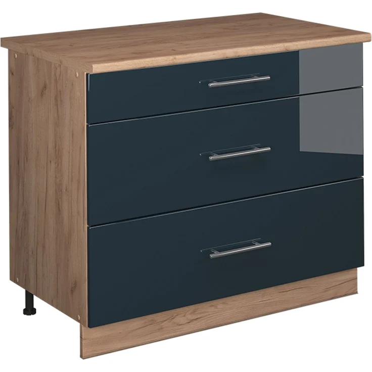 Küchenunterschrank Fame-Line Dunkelblau Hochglanz/Goldkraft Eiche 100 cm, AP Eiche Vicco – Bild 1