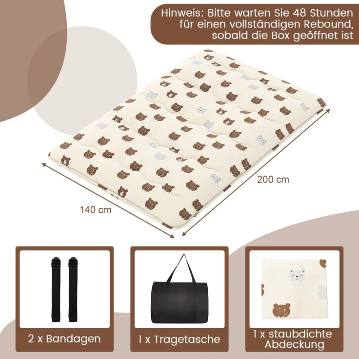 140 x 200 cm Japanische Futon Matratze mit Waschbarem Bezug & Tragetasche Tatami-Matte Braunbär – Bild 2