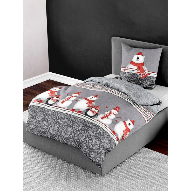 Bettwäsche Bierbaum Biber 3667-10 Eisbär Schneemann Grau Rot 135x200 – Bild 1